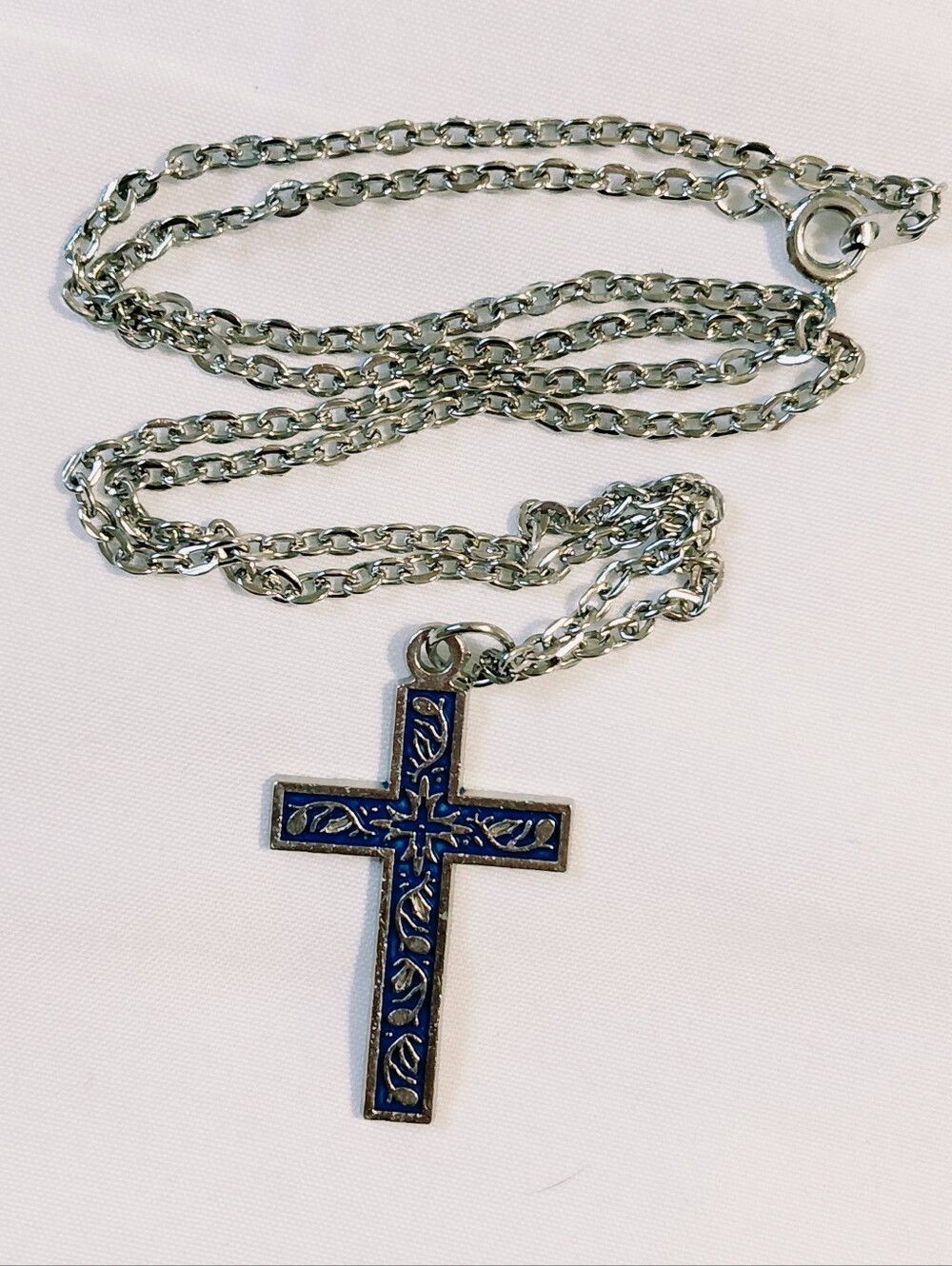 New Silver Blue Cross Necklace Floral Etched